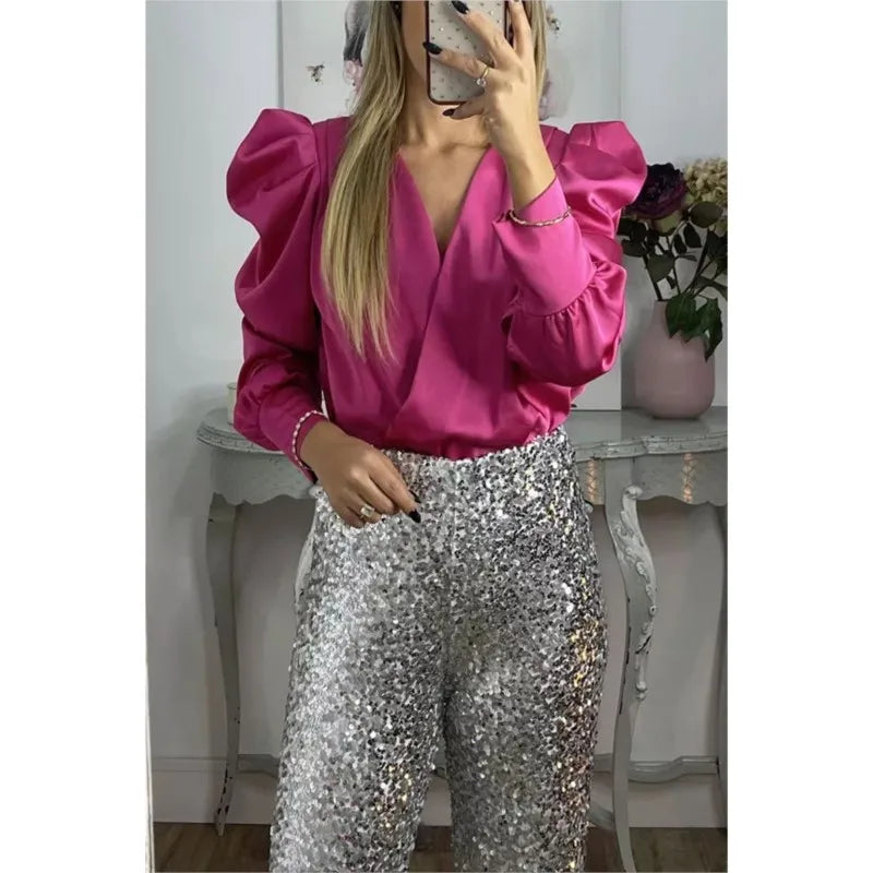 Spring Solid Color Commute Satin Shirt Pullover Fashion V-Neck Puff Long Sleeve Blouses Female Temperament Pleated Ruffled Tops