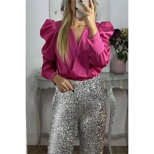 Spring Solid Color Commute Satin Shirt Pullover Fashion V-Neck Puff Long Sleeve Blouses Female Temperament Pleated Ruffled Tops