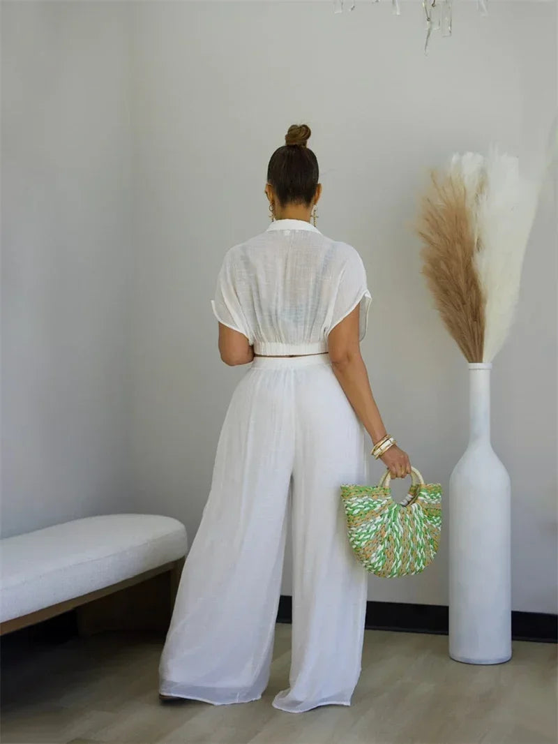 Relaxed Casual Crop Top And Wide Leg Pants Set for Women
