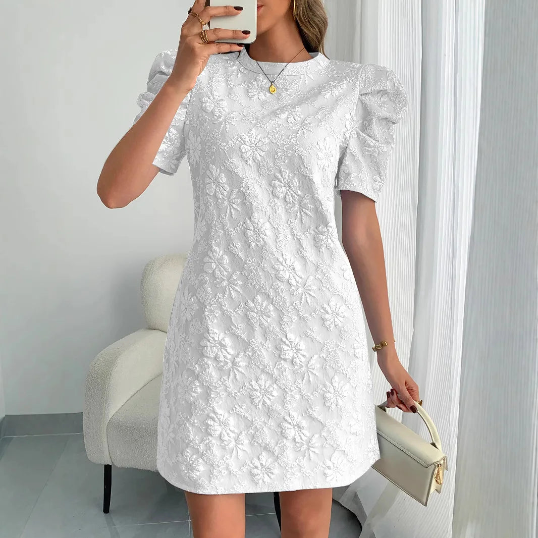 Textured Jacquard Puff Sleeve Midi Dress for Women