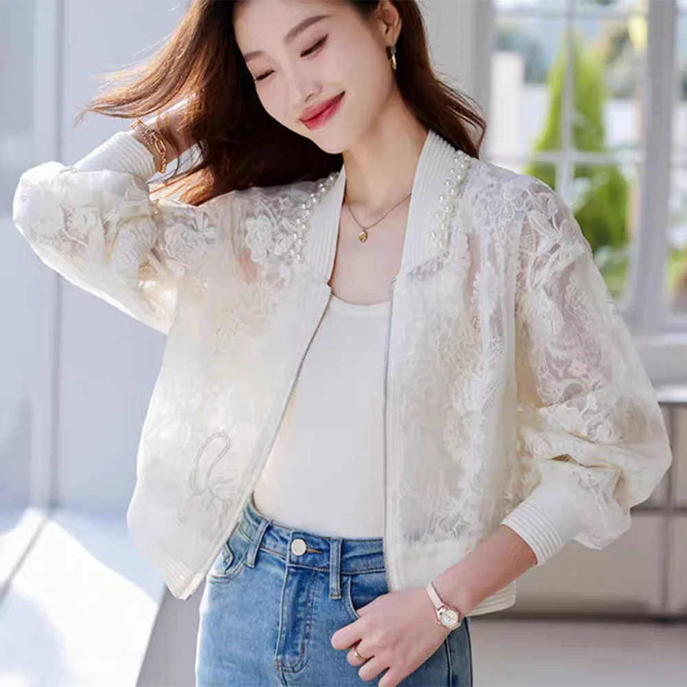 Bead Embroidered Round Neck Baseball Jacket For Women