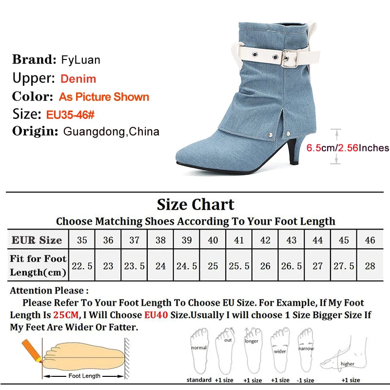 Western Style Denim Autumn Pointy Toe Ankle Boots With Belt Buckle for Women