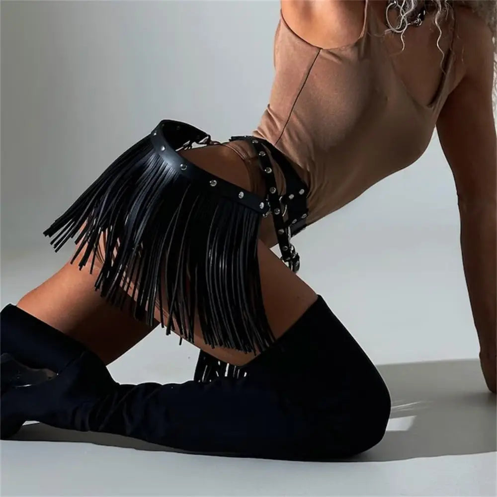 Gothic Leather Harness Skirt With Fringe for Women