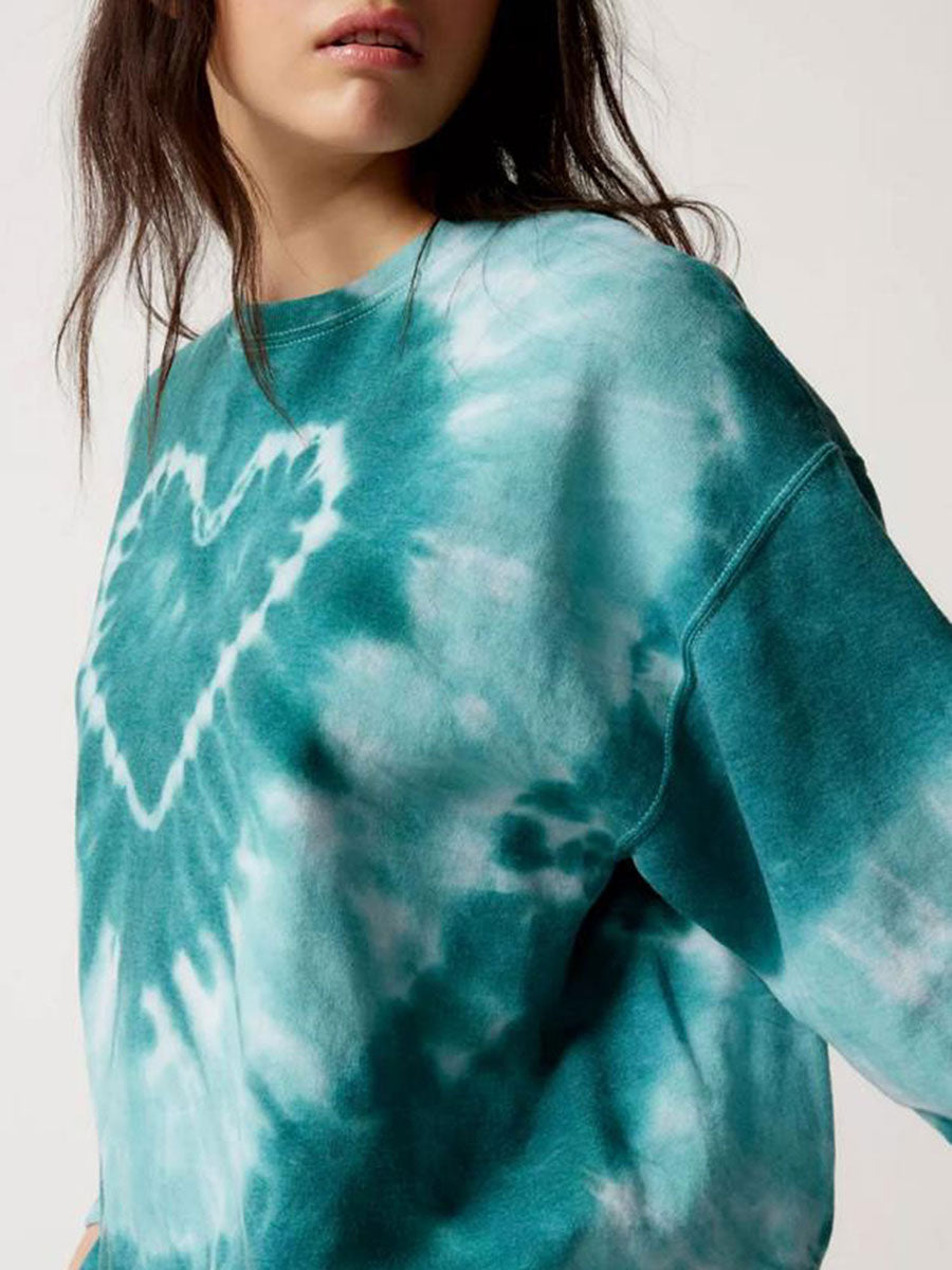 Women's Spring and Autumn Loose Heart Tie Dye Round Neck Sweatshirt Long Sleeve Heart Tie Dye Printed Round Neck Sweatshirt