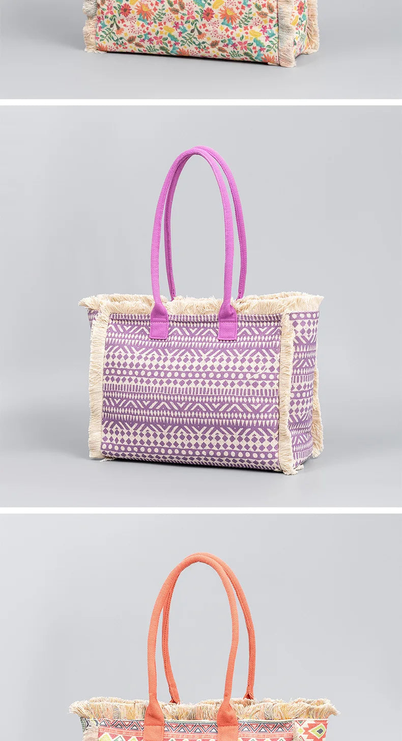 Tote bag Bohemian retro shoulder bag Zipper handbag Large capacity canvas bag Women's summer