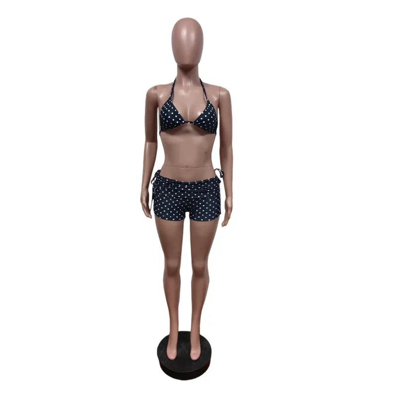 Polka Dot Lace Up Bikini Set with Briefs for Women