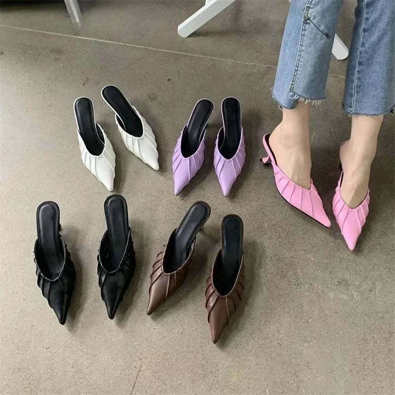 Casual Pleated Thin Heel Cushioned Slides for Women