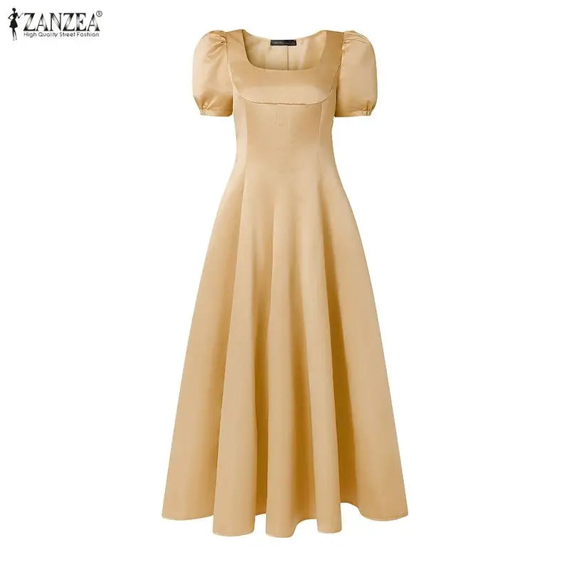 Square Neck Satin Puff Sleeve Maxi Dress