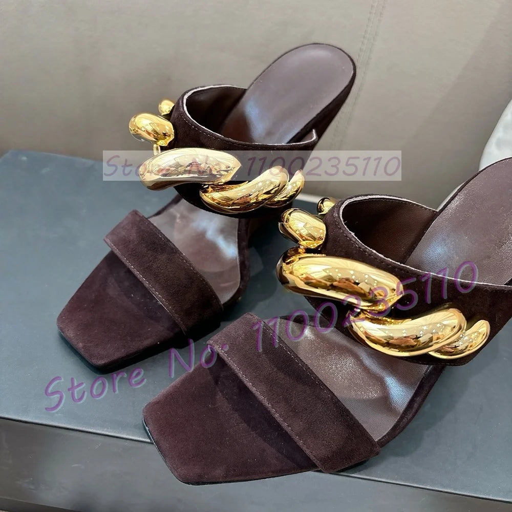 Gold Wave Metal Kid Suede Wedge Mules Women Luxury Square Open Toe Mules Front Strap Party Shallow Real Leather Beige Shoes