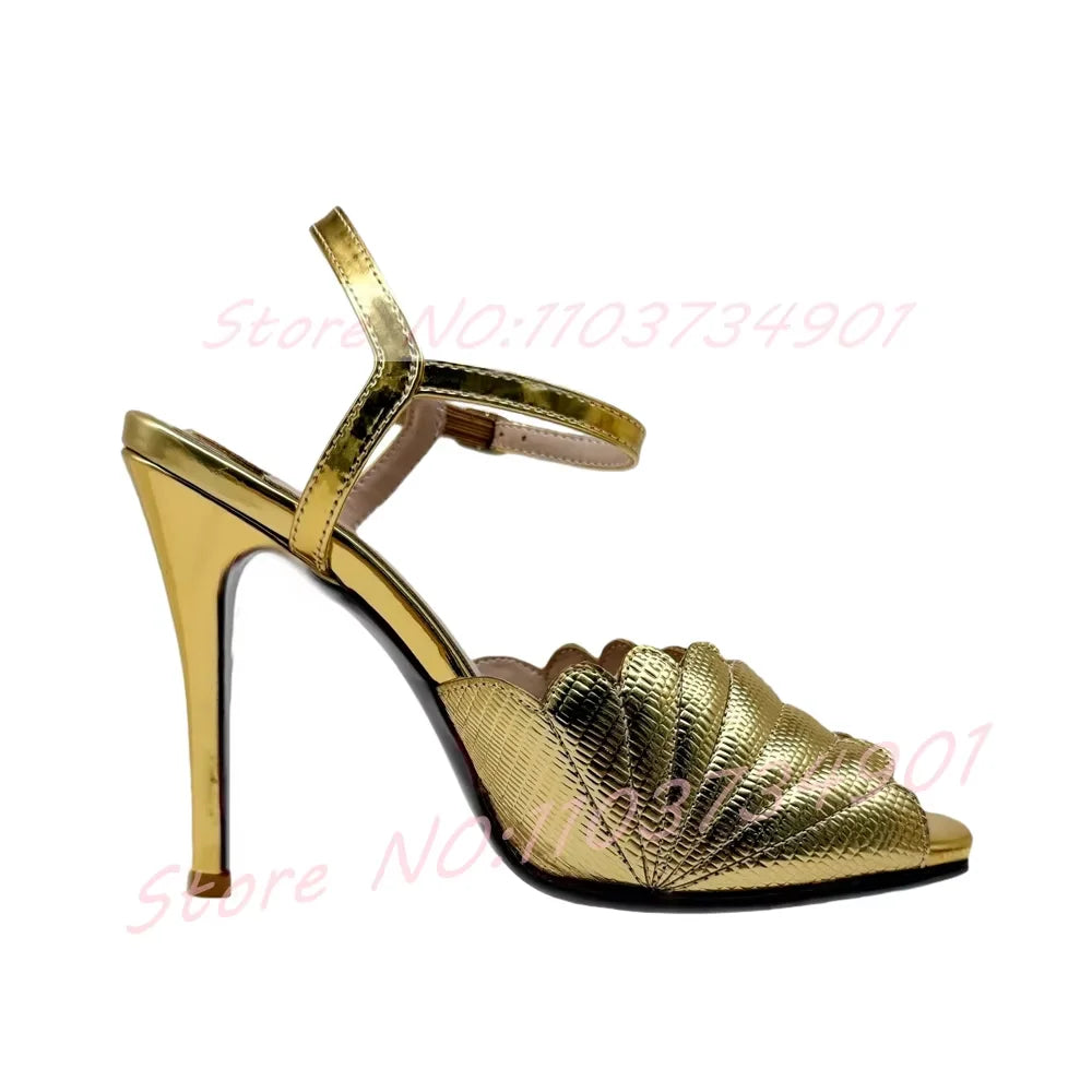 Metallic Scalloped Platform Sandals With Thin Heel For Women
