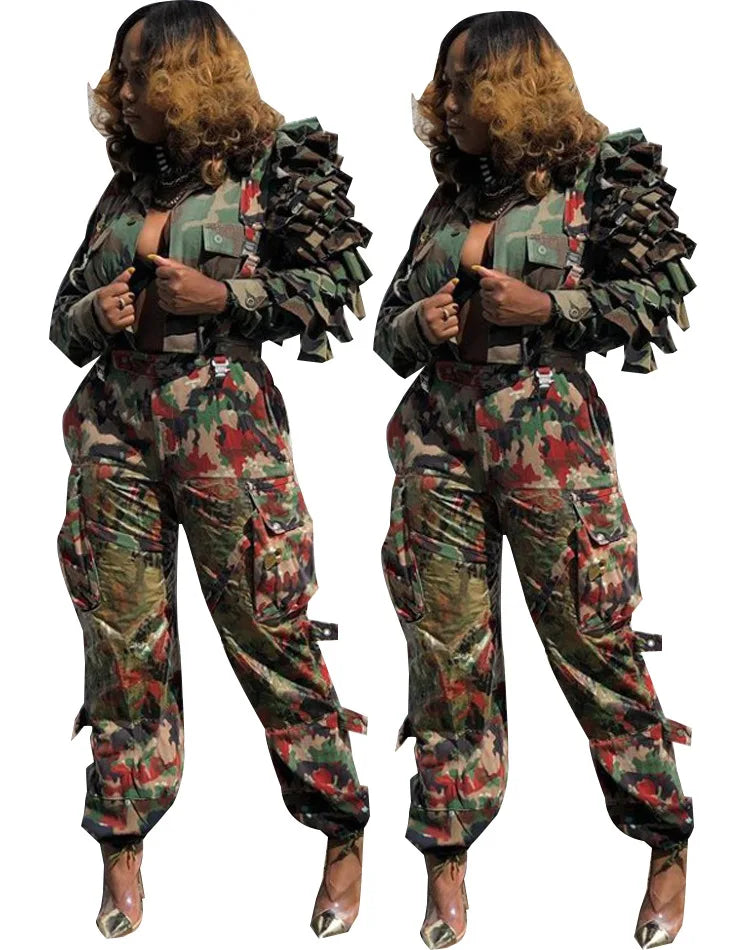 Cascading Ruffled Camouflage Crop Jacket for Women