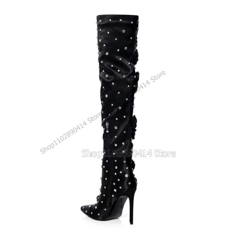 Black Silk Floral Applique Crystal Pointed Toe Thigh High Boots For Women