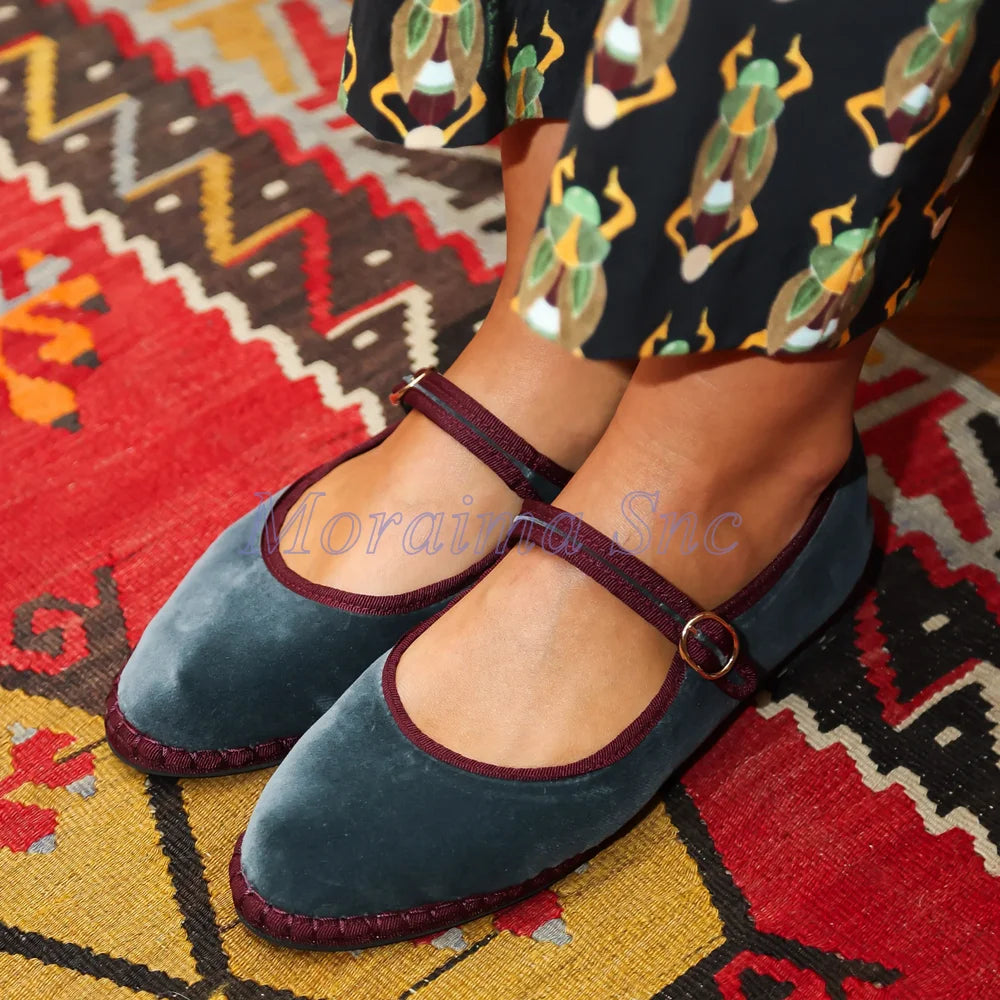 Round Toe Grey Velvet Mary Jane Ballet Flats for Women