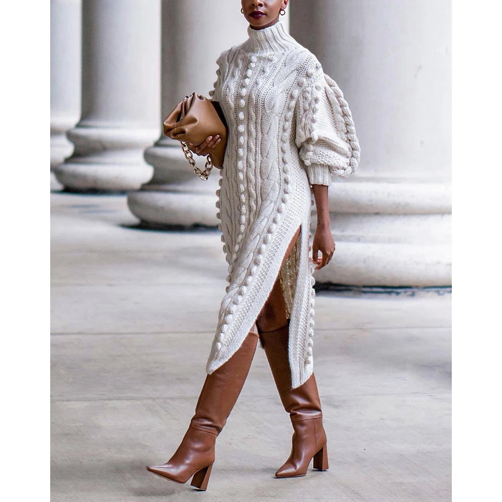 Autumn Women High Neck Twist Rope Lantern Sleeve Side Slit Knitted Sweater Dress New Fashion Femme Casual Dress Robe Clothing