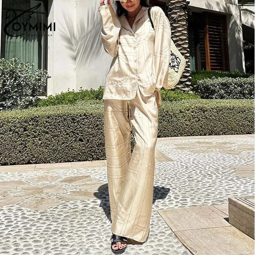 Oymimi Elegant Beige Print Two Piece Set For Women Fashion Long Sleeve Single Breasted Shirts And High Waisred Trousers Sets