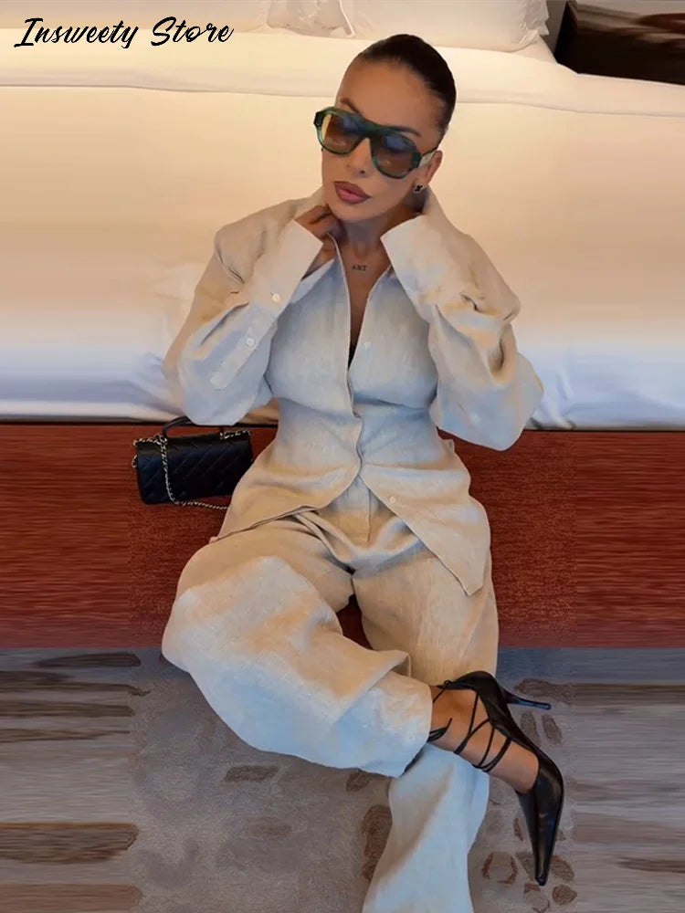 Lace Up Back Lapel Shirt and Loose Pants Set for Women