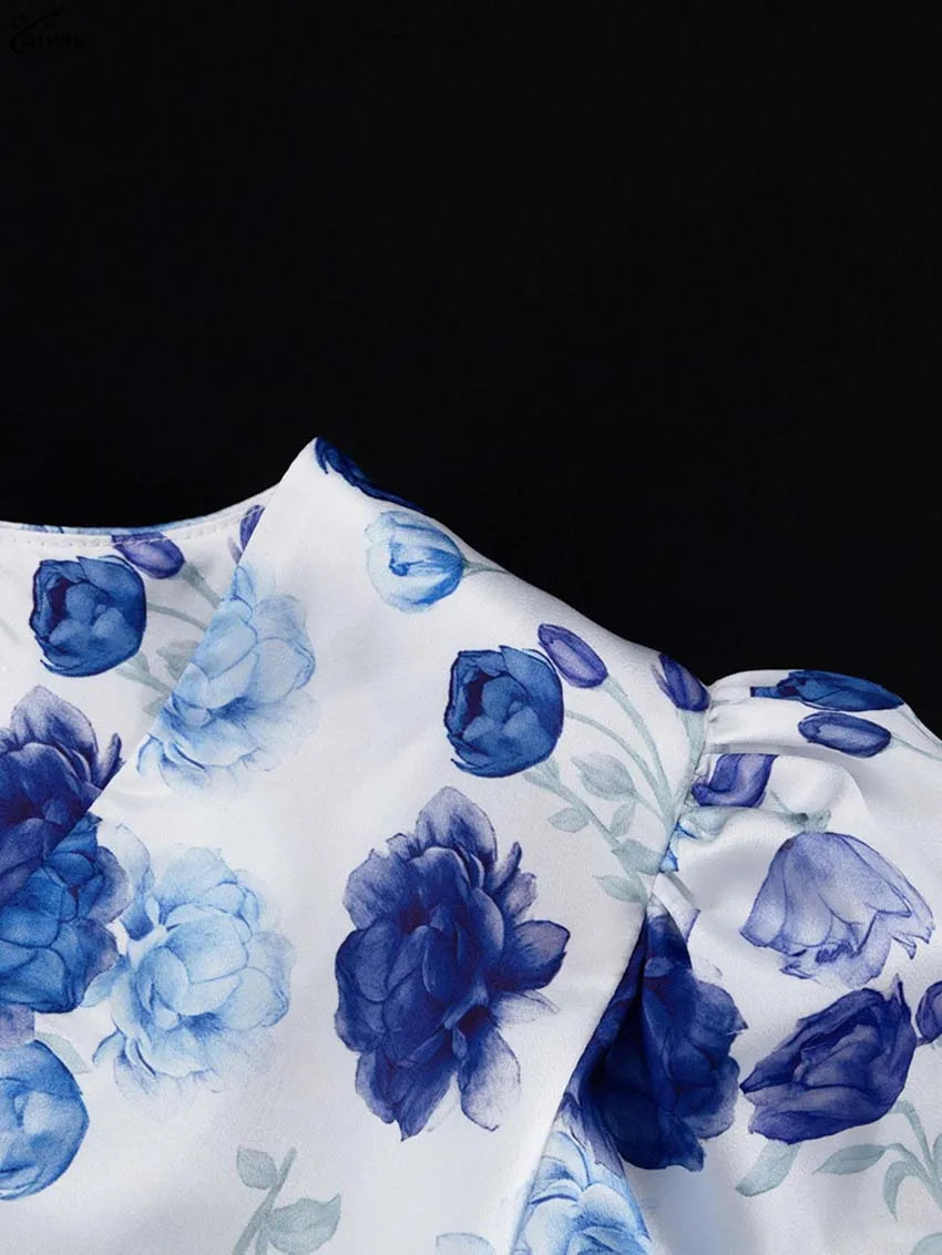 Oymimi Fashion Blue Print Womens Dresses Elegant V-Neck Long Sleeve Zipper Dresses Casual High Waist Pleated Mini Dress Female