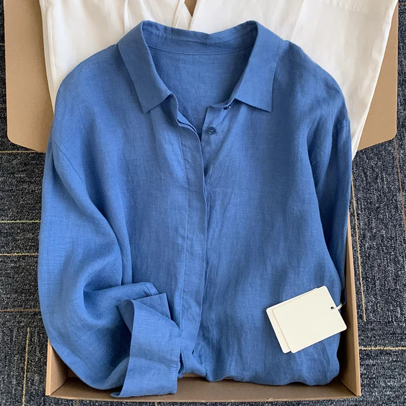 Solid Color V Neck Long Sleeve Casual Blouse for Women