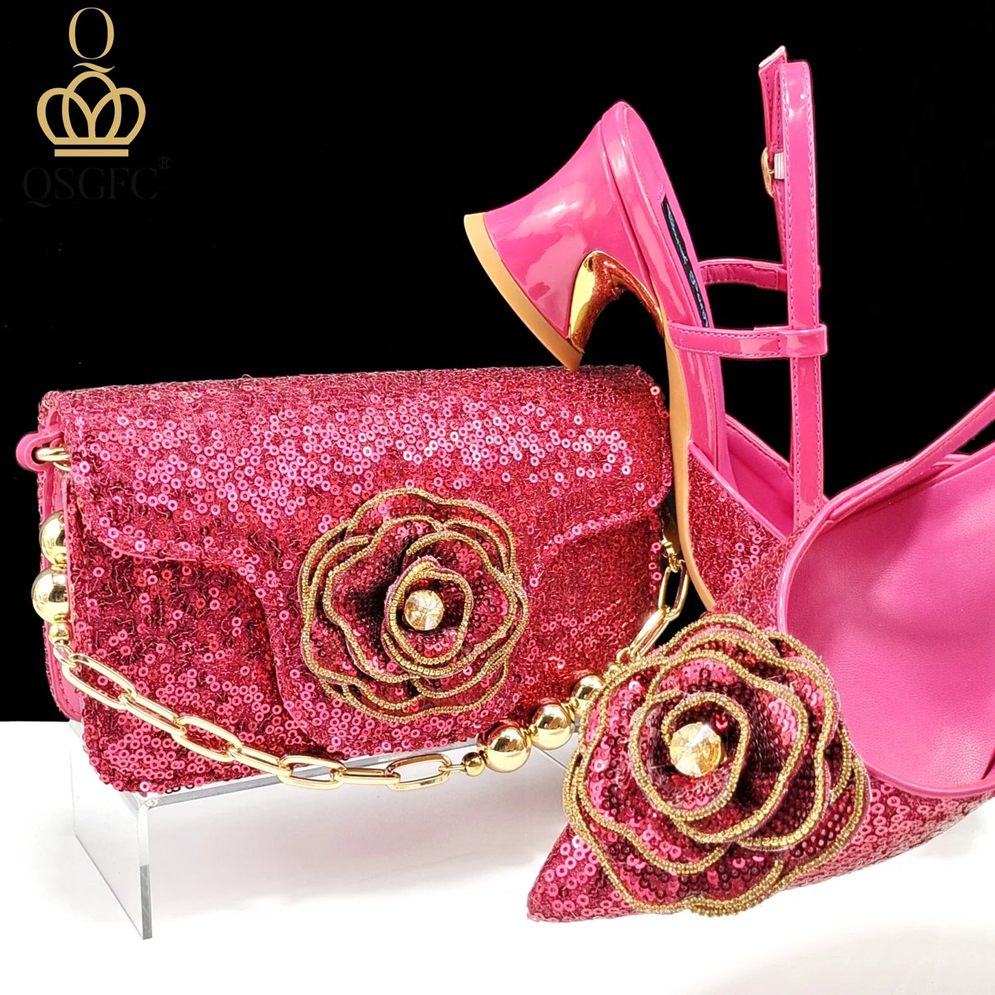 QSGFC Fashion Design Shoes and Bag Nigerian Wedding Handmade Flowers Bags with Shoes Ladies Shoes Commuting or Daily Shoes