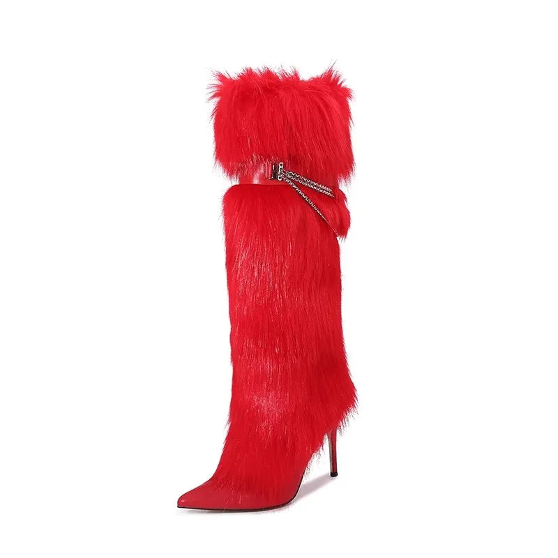 Elegant Faux Fur Knee High Stiletto Boots for Women