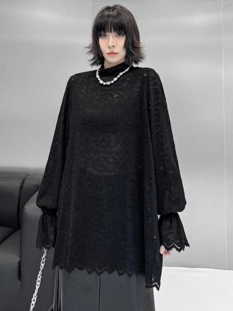 [EAM] Women Black Lace Thin Big Size Elegant T-shirt New Turtleneck Long Flare Sleeve Fashion Tide Spring Autumn 2025 1DH9265