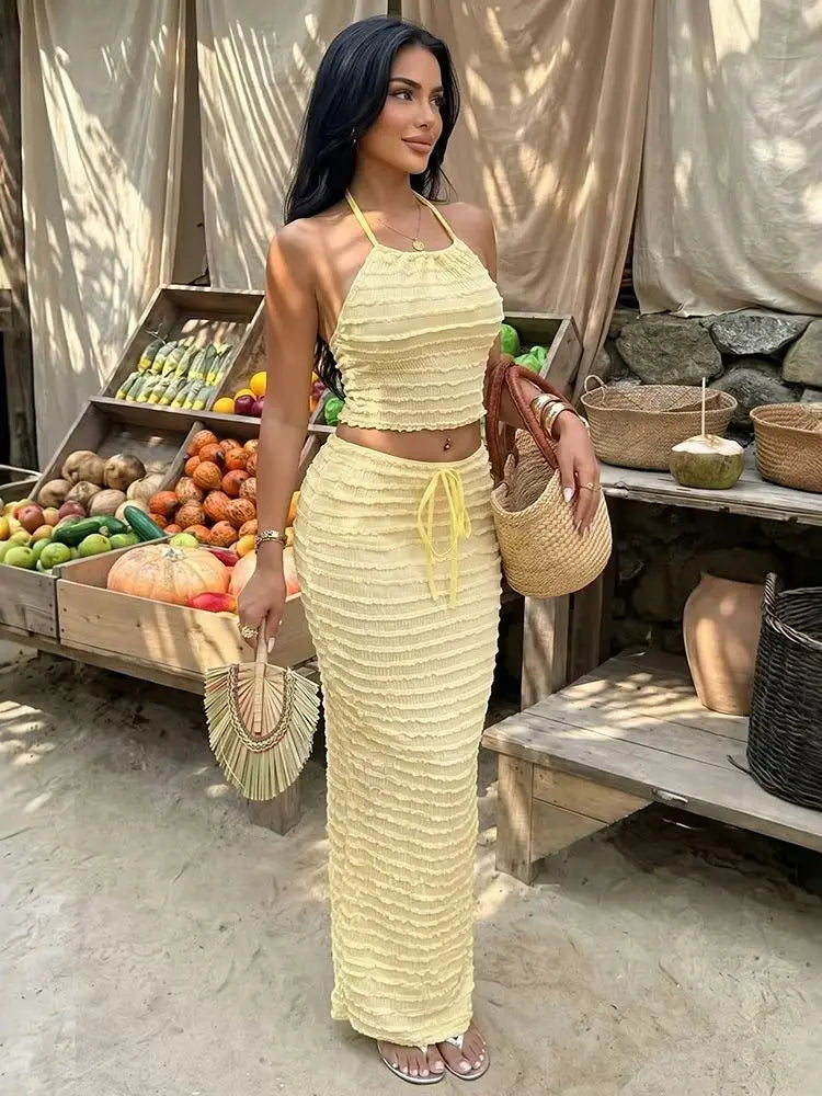 Ruffled Edge Halter Backless Two-Piece Set for Women