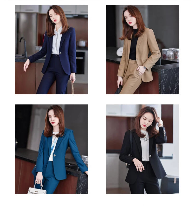 Women Blue Navy Black Formal Blazer Pant Suit Female Solid Jacket and Trouser 2 Piece Set For Office Ladies Winter Work Wear