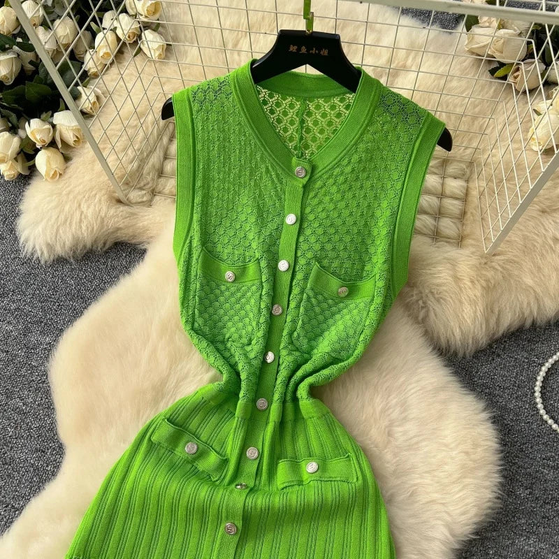 Sleeveless Knitted Bodycon Mid Calf Dress for Women