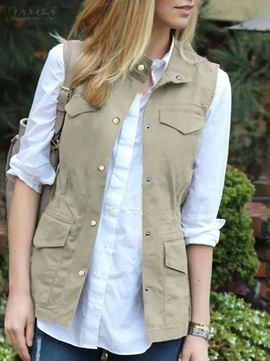 ZANZEA Women Sleeveless Waistcoat Korean Fashion Stand Collar Vest Casual Pockets Solid Tank Outwear 2024 Summer Waist Overalls
