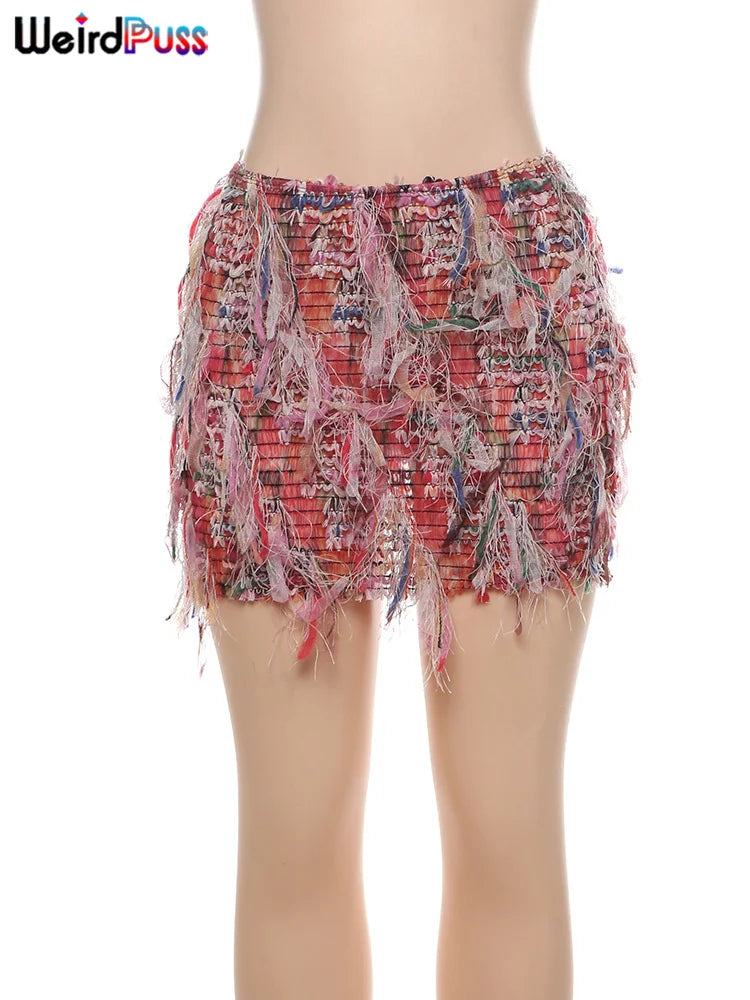 Colorful Tassel Stretch Knit Bodycon Maxi Skirt for Women