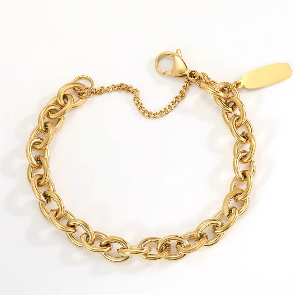 Gold Tone Stainless Steel Figaro Chain Bracelet for Women