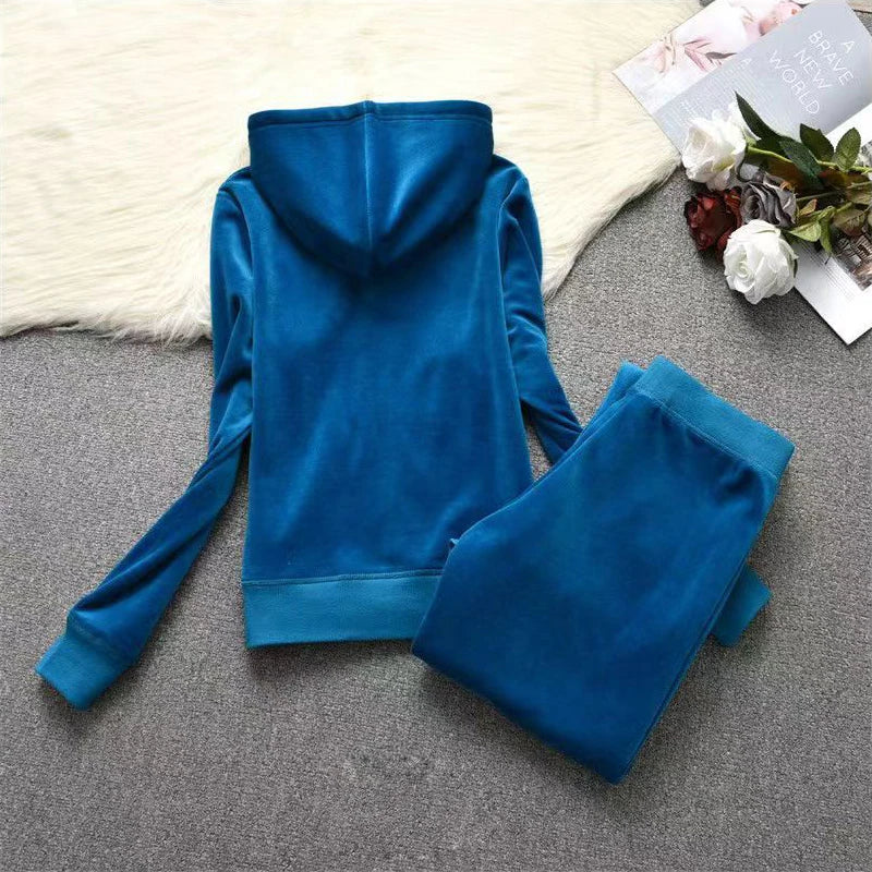 Soft Velvet Hooded Two Piece Tracksuit Set for Women