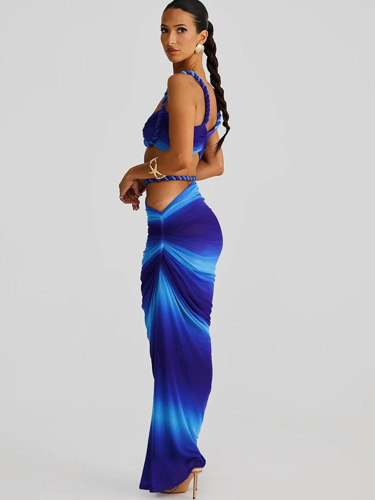Woven Pleated Crop Top and Maxi Skirt Two Piece Set for Women