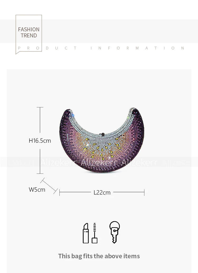 Moon Shaped Diamond Evening Bag with Watermelon Rhinestones for Women