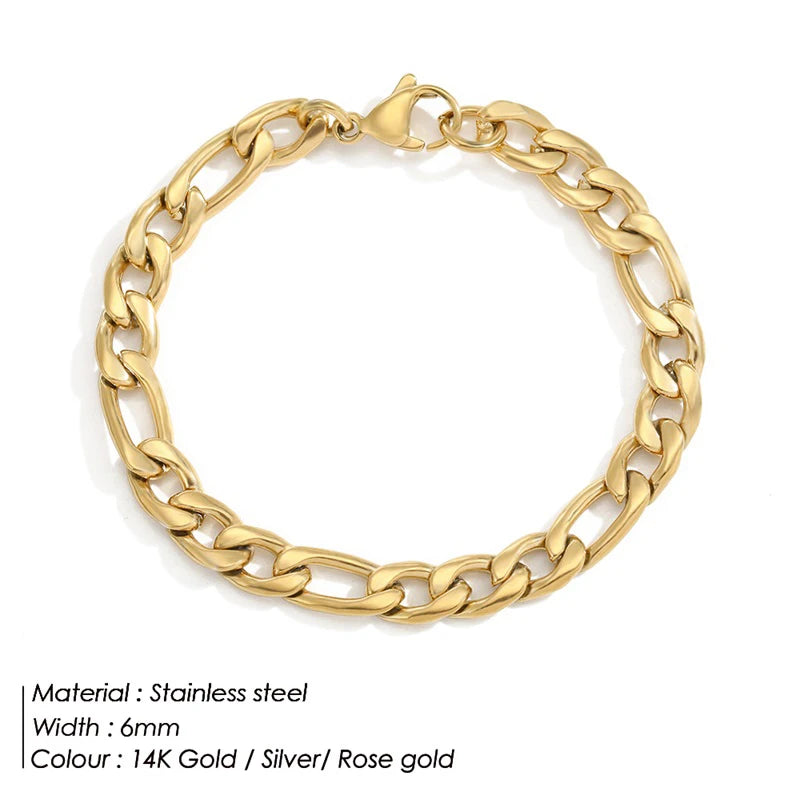 Gold Tone Stainless Steel Figaro Chain Bracelet for Women