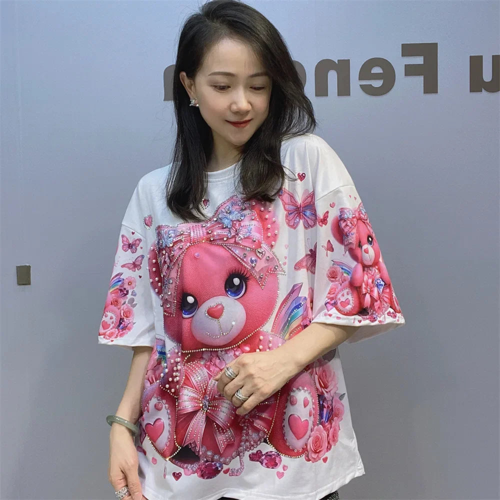 Cartoon Bear Heavy Industry Bead Crew Neck Short Sleeve T-Shirt Summer Printed Fashion Half Sleeve Top Women's Clothing