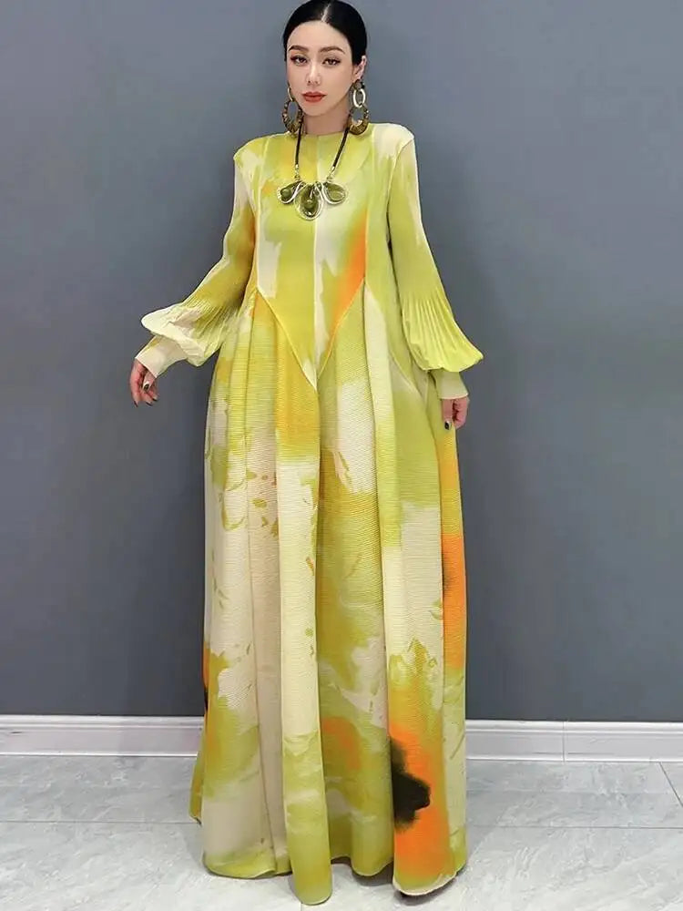 Printed Chiffon Ankle Length Dress With Bubble Sleeves for Women