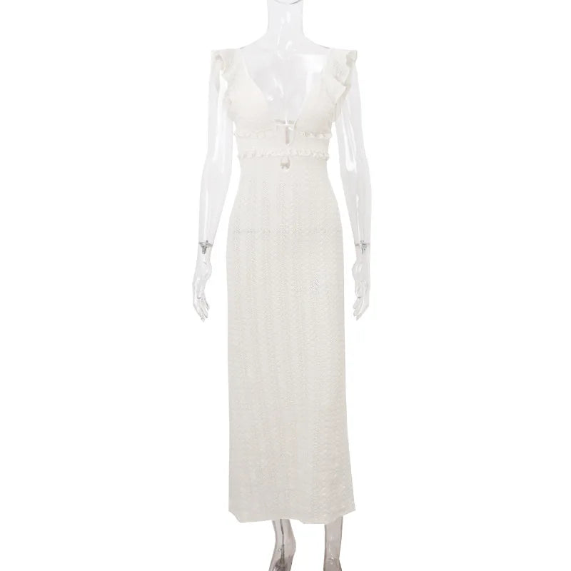 Cryptographic Elegant Tie Detail Sexy Cut Out Backless Dress Party Club Outfits Summer See Through Sleeveless Women Dresse Robes