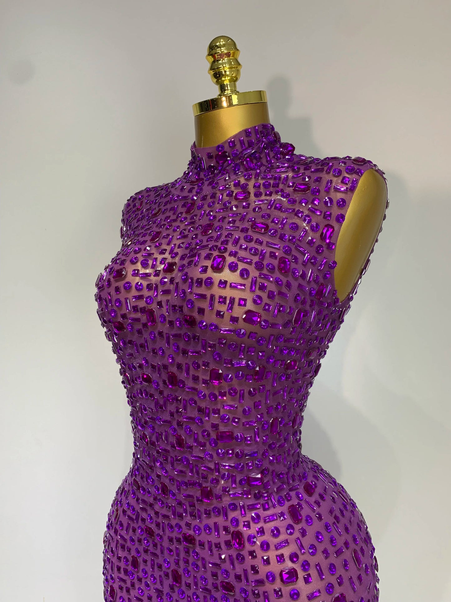 Sparkly Gold Rhinestone Sleeveless Stretch Long Dress Women Sexy Mesh Celebrate Evening Prom Birthday Dress Photo Shoot Wear