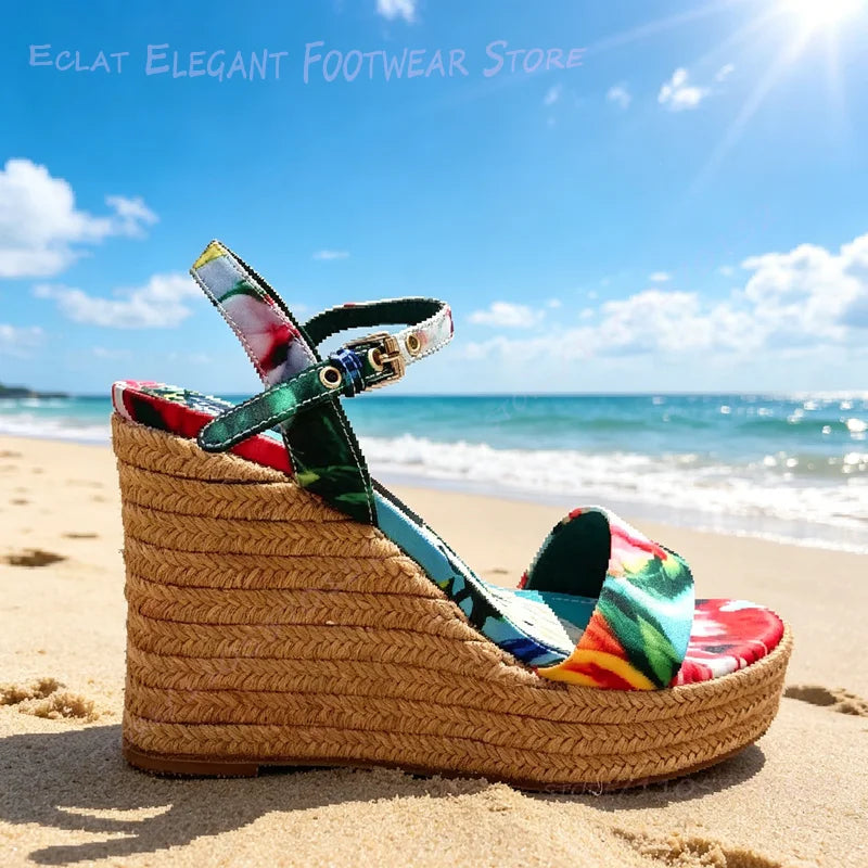 Vibrant Graffiti Print Leather Platform Wedge Sandals For Women