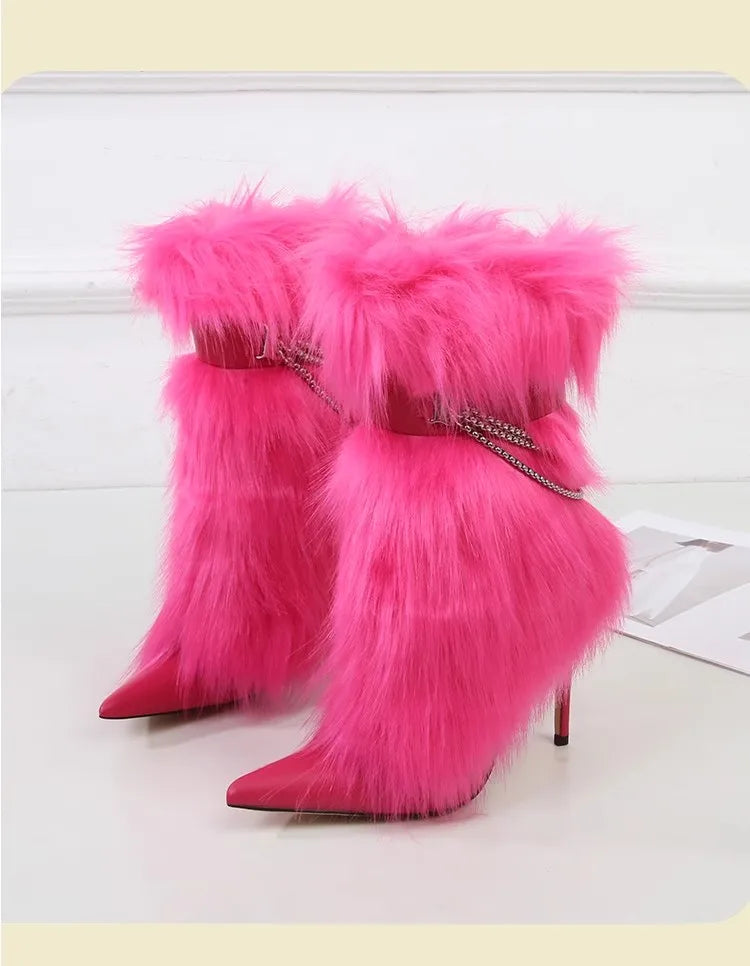 Fuchsia Faux Fur Buckle Ankle Boots