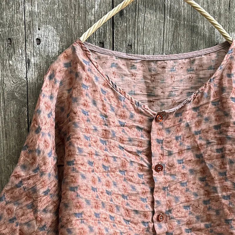 Casual Floral Print Loose Linen Relaxed Fit Shirt for Women