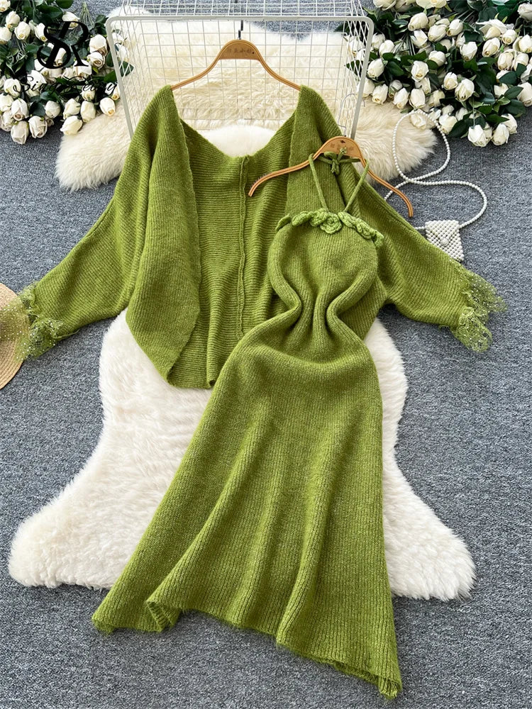 Lace Trim Knit Cardigan and Floral Halter Dress Set for Women