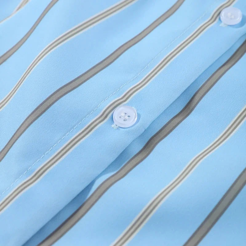 Blue Striped Puff Shoulder Shirt And Pants Set For Women
