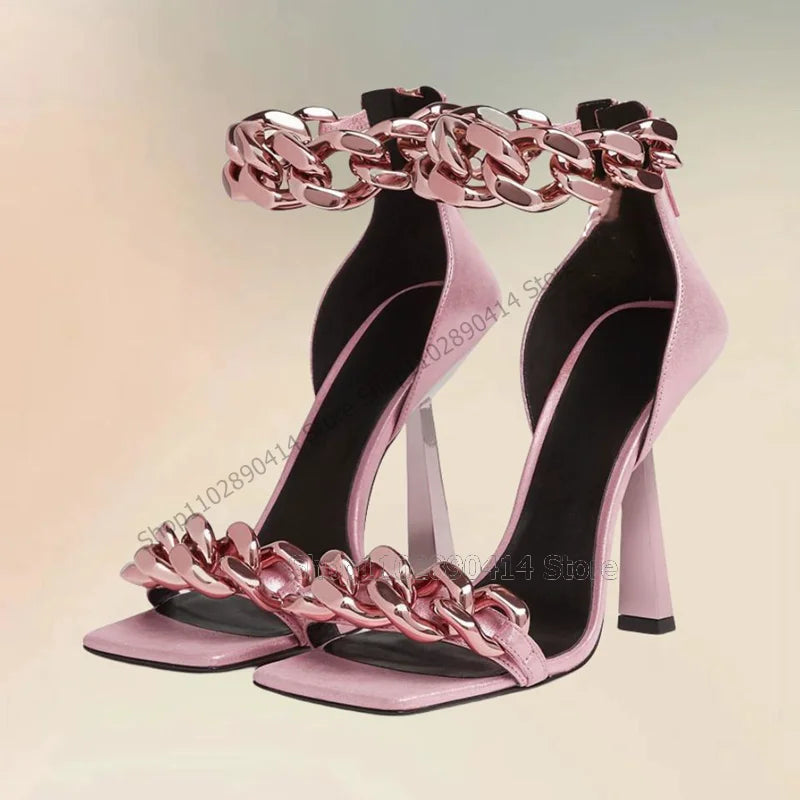 Snakeskin Print Gold Chain Decor Open Toe Sandals for Women