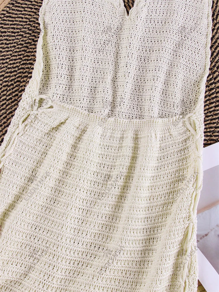 Solid Knit Halter V-neck Side Cross Straps Slim Beach Mini Dress 2025 Women Crochet Beach Swimsuit Cover Up Vacation Outfit K104