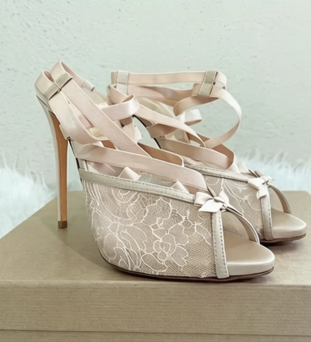 Champagne Lace Peep Toe Sandals