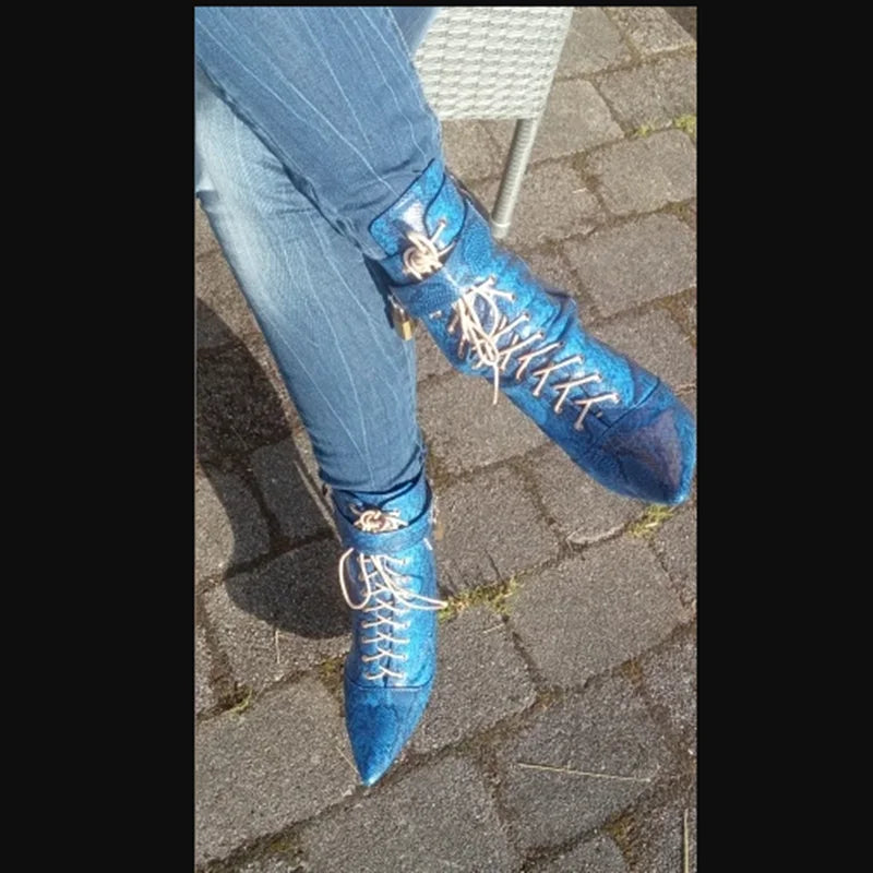 Snakeskin Lace Up Pointed Toe Heeled Boots for Women