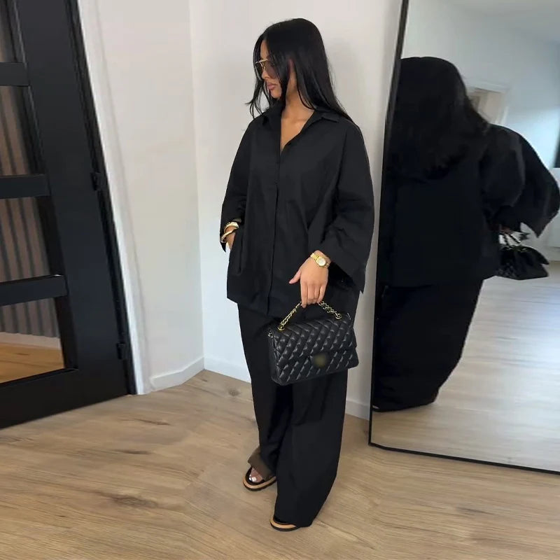 Casual Solid Shirt and Wide Leg Pants Set for Women