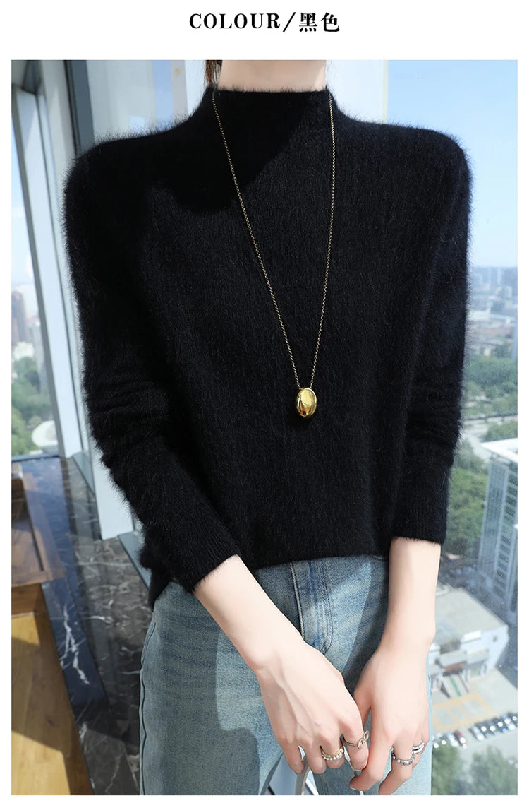 Loose Cashmere Knit Half High Neck Pullover Sweater for Women